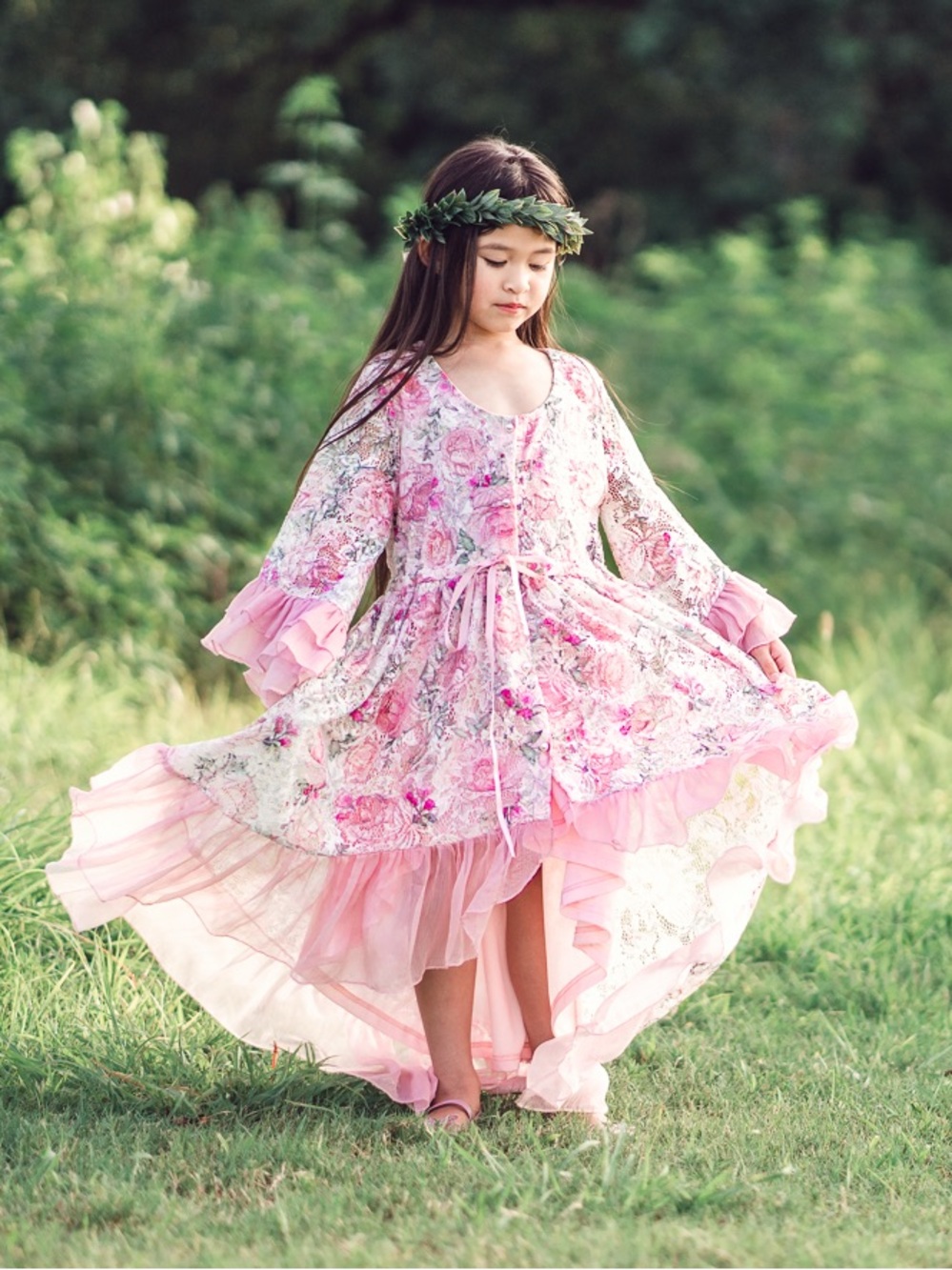 Tween Pink Floral Lace Boho Fairycore High-Low Ruffle Flower Girl Dress Sz 10